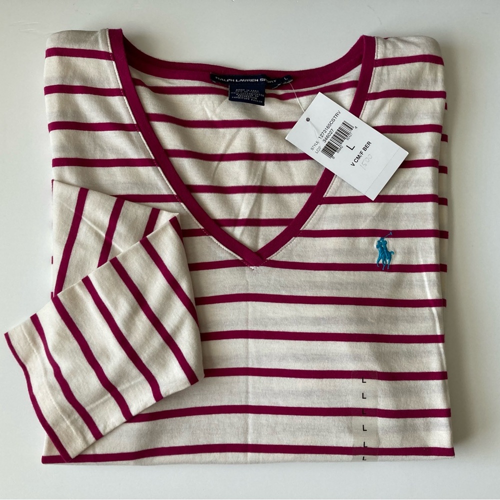 Ralph Lauren Sport Striped V-Neck L Top Shirt 3/4 Sleeve Cotton Striped New